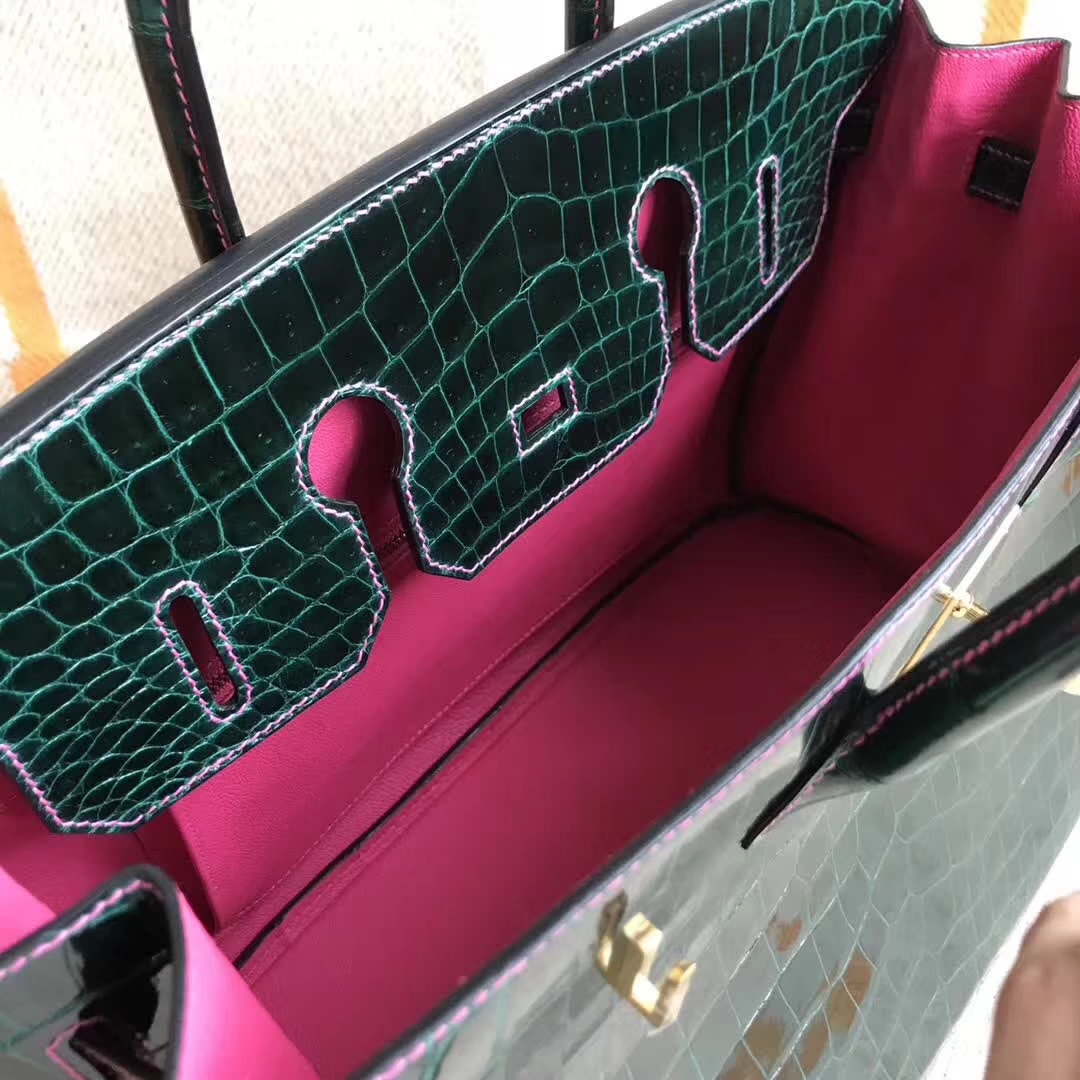 Luxury Hermes CK67 Vert Fonce &#038; Candy Pink Crocodile Shiny Birkin35CM Bag