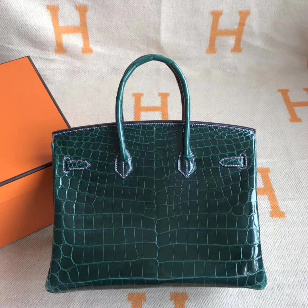 Luxury Hermes CK67 Vert Fonce &#038; Candy Pink Crocodile Shiny Birkin35CM Bag