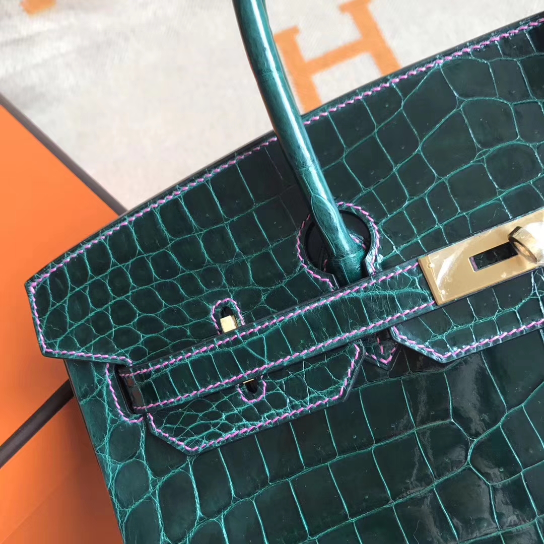 Luxury Hermes CK67 Vert Fonce &#038; Candy Pink Crocodile Shiny Birkin35CM Bag