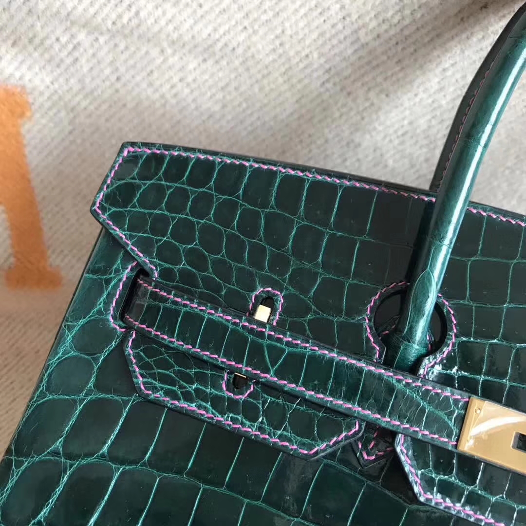 Luxury Hermes CK67 Vert Fonce & Candy Pink Crocodile Shiny Birkin35CM Bag