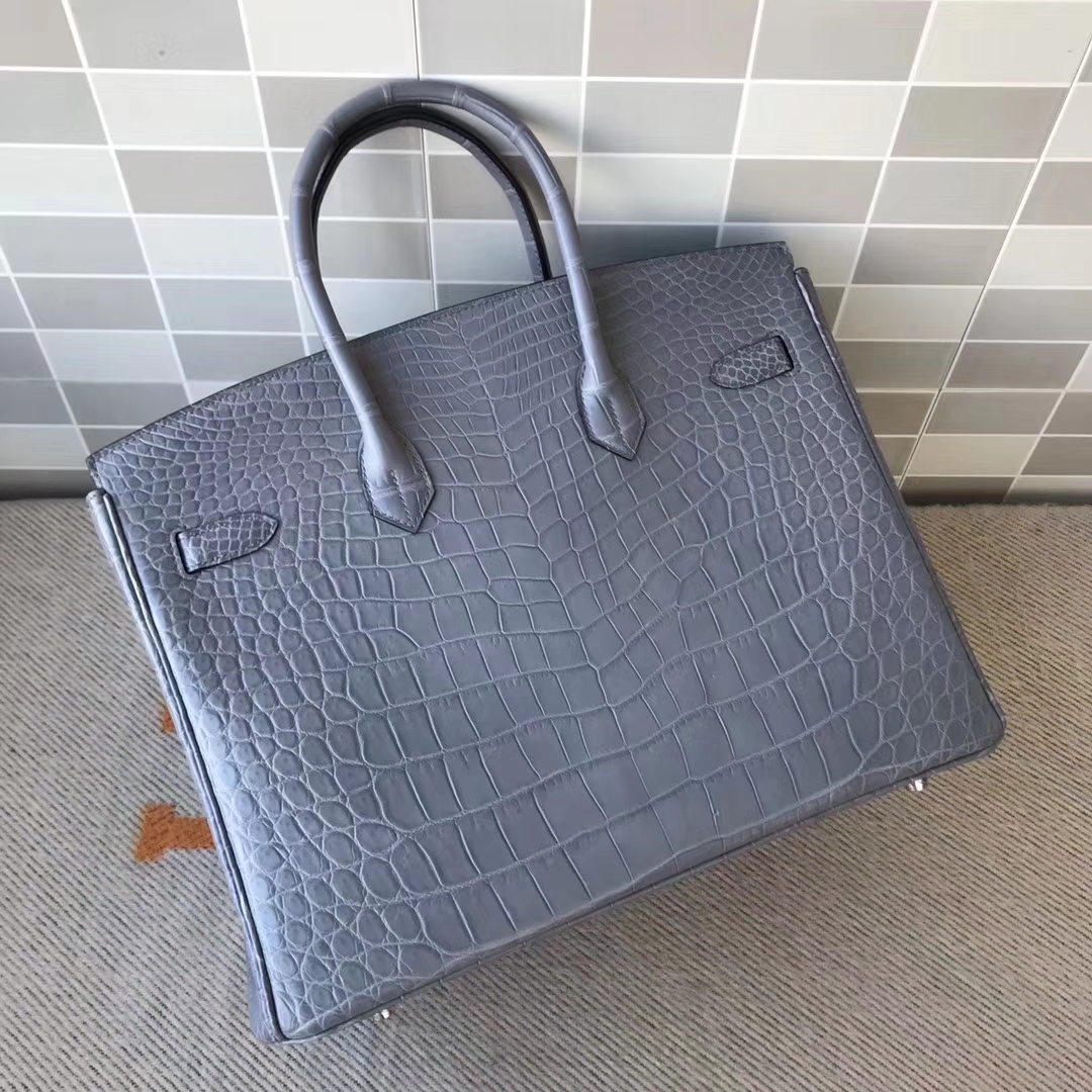 On Sale Hermes Galaxy Grey Crocodile Matt Leather Birkin35cm Tote Bag Silver Hardware