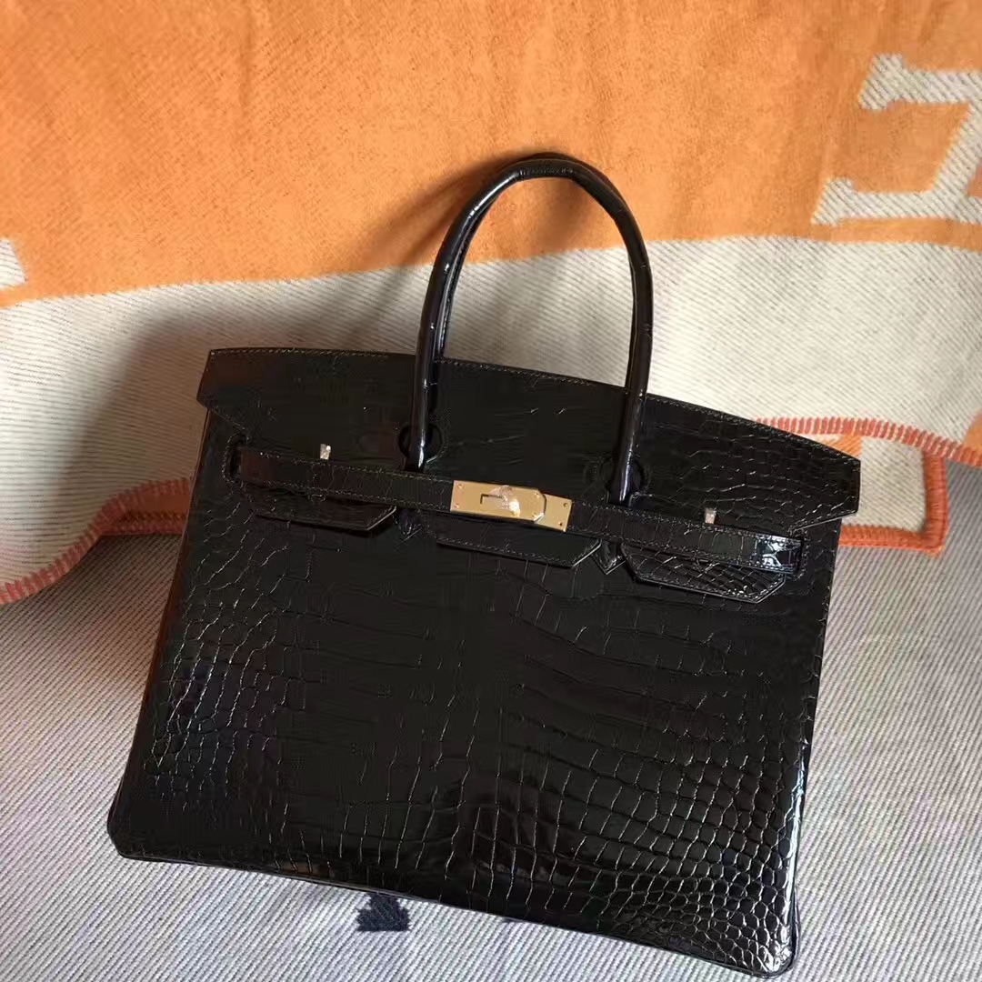 Luxury Hermes CK89 Black Crocodile Leather Birkin35CM Bag Gold Hardware