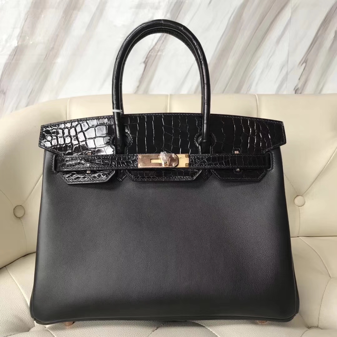 Luxury Hermes CK89 Black Swift Calf &#038; Shiny Crocodile Leather Birkin35CM Rose Gold Hardware