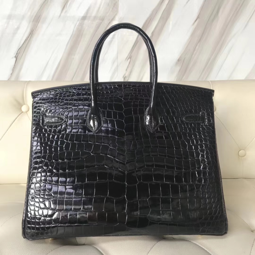 Luxury Hermes CK89 Black Shiny Crocodile Leather Birkin35CM Bag Gold Hardware