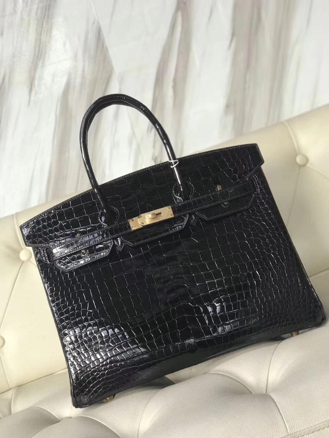 Luxury Hermes CK89 Black Shiny Crocodile Leather Birkin35CM Bag Gold Hardware