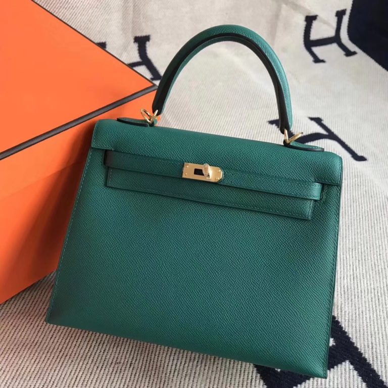 Hermes Epsom Calfskin Kelly Bag 25CM in Z6 Malachite Green Gold Hardware