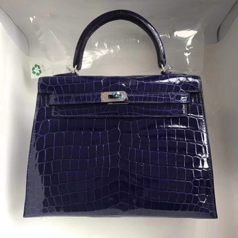 Hermes Shiny Crocodile Kelly 25CM Tote Bag in 7T Blue Electric Silver Hardware