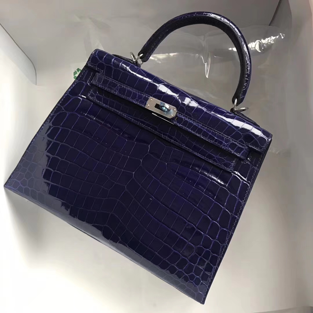Noble Hermes Shiny Crocodile Kelly25CM Tote Bag in 7T Blue Electric Silver Hardware