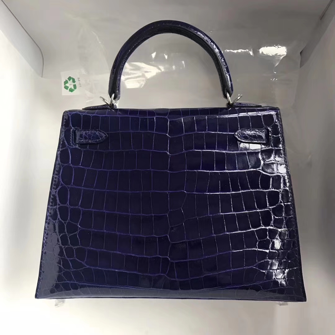 Noble Hermes Shiny Crocodile Kelly25CM Tote Bag in 7T Blue Electric Silver Hardware