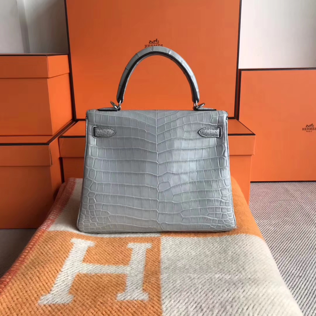 Noble Hermes Crocodile Matt Leather Kelly25CM Bag in Galaxy Grey Silver Hardware
