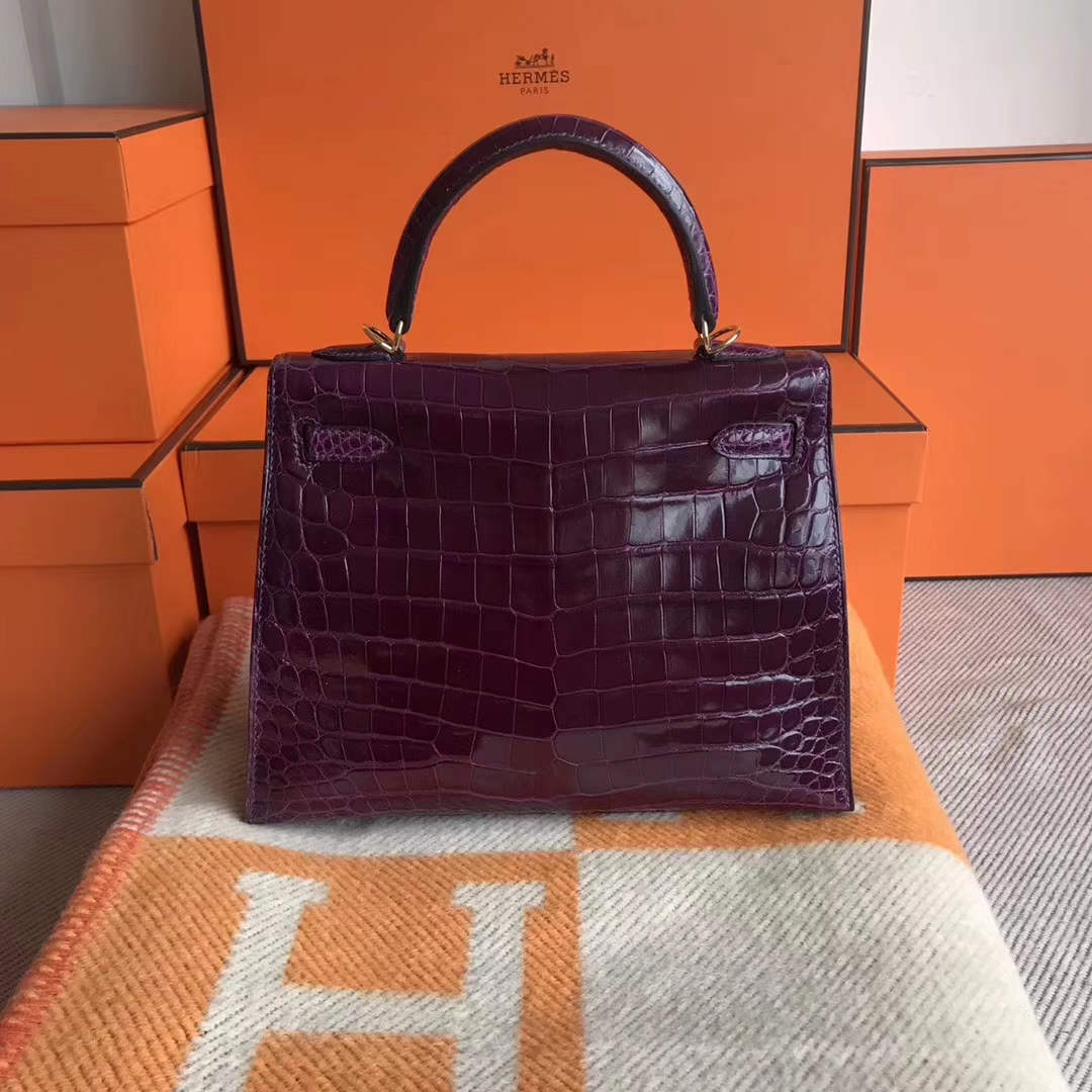 Luxury Hermes N5 Cassis Purple Shiny Crocodile Leather Kelly25CM Bag Gold Hardware