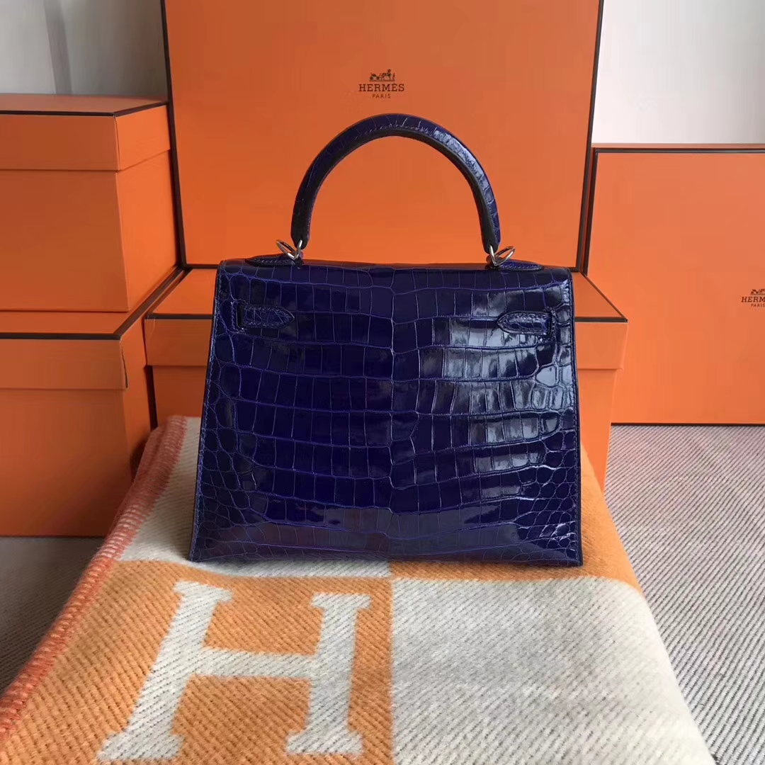 Discount Hermes 7T Blue Electric Shiny Crocodile Kelly Bag25CM Silver Hardware