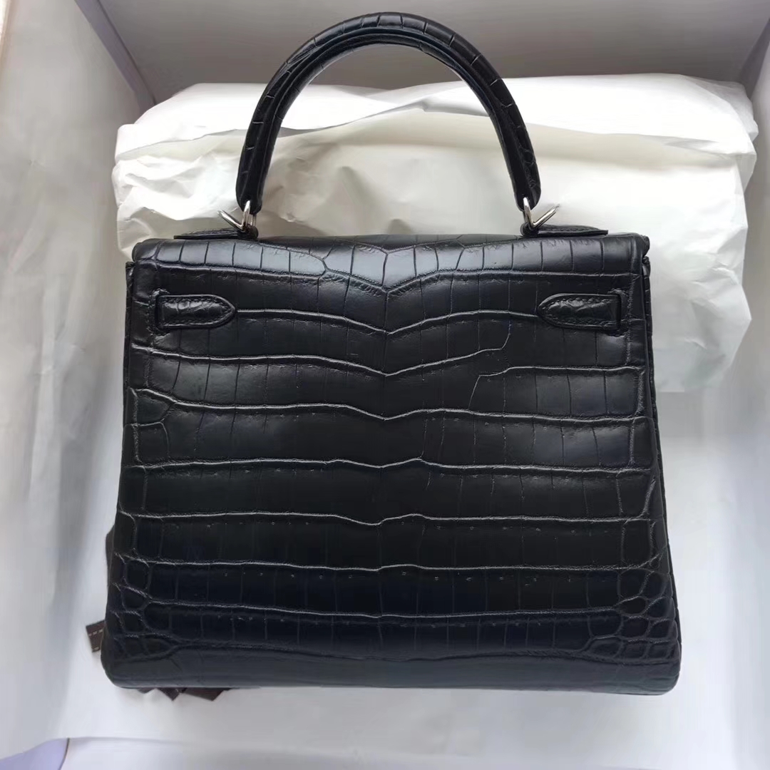 Elegant Hermes Crocodile Matt Kelly25CM Bag in CK89 Black Silver Hardware