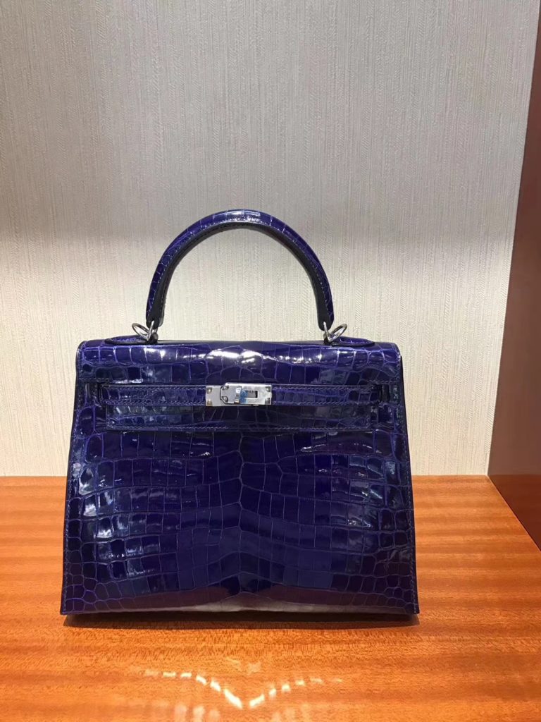 Hermes 7T Blue Electric Shiny Crocodile Leather Kelly Bag 25CM Silver Hardware