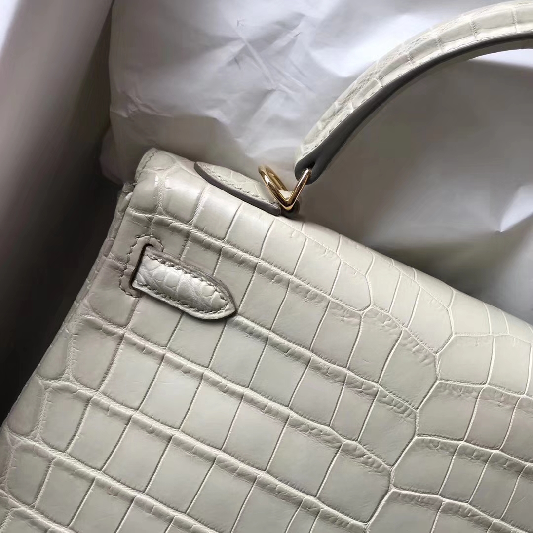 New Arrival Hermes 8L Beton White Crocodile Matt Kelly Bag25CM Gold Hardware