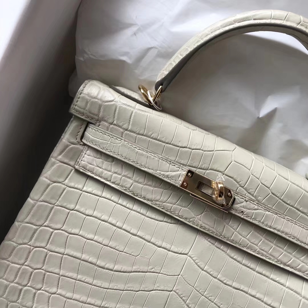 New Arrival Hermes 8L Beton White Crocodile Matt Kelly Bag25CM Gold Hardware