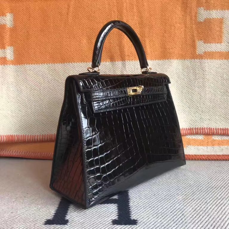 Hermes CK89 Black Shiny Crocodile Leather Kelly 25CM Bag Gold Hardware
