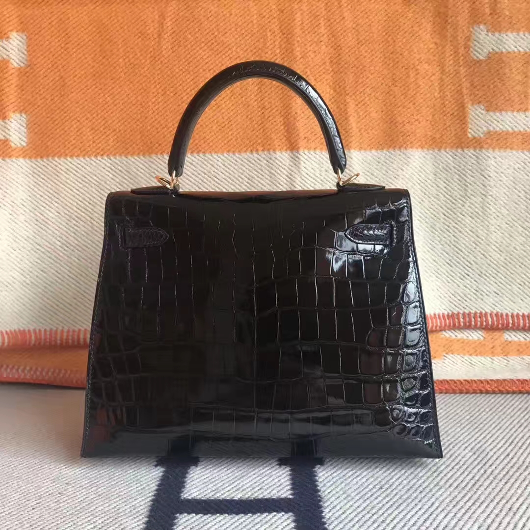 Sale Hermes CK89 Black Shiny Crocodile Leather Kelly25CM Bag Gold Hardware