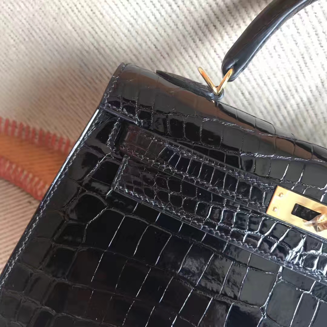 Sale Hermes CK89 Black Shiny Crocodile Leather Kelly25CM Bag Gold Hardware