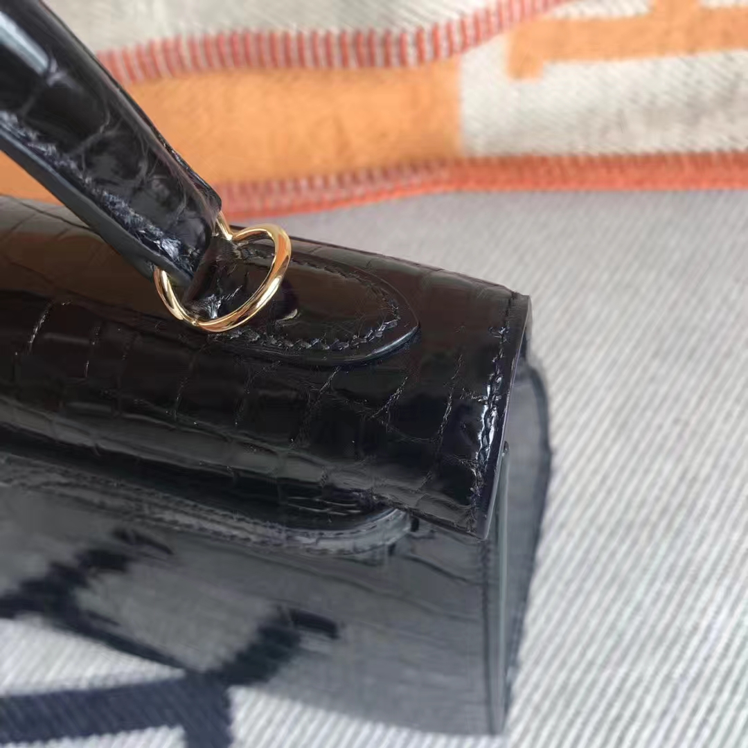 Sale Hermes CK89 Black Shiny Crocodile Leather Kelly25CM Bag Gold Hardware
