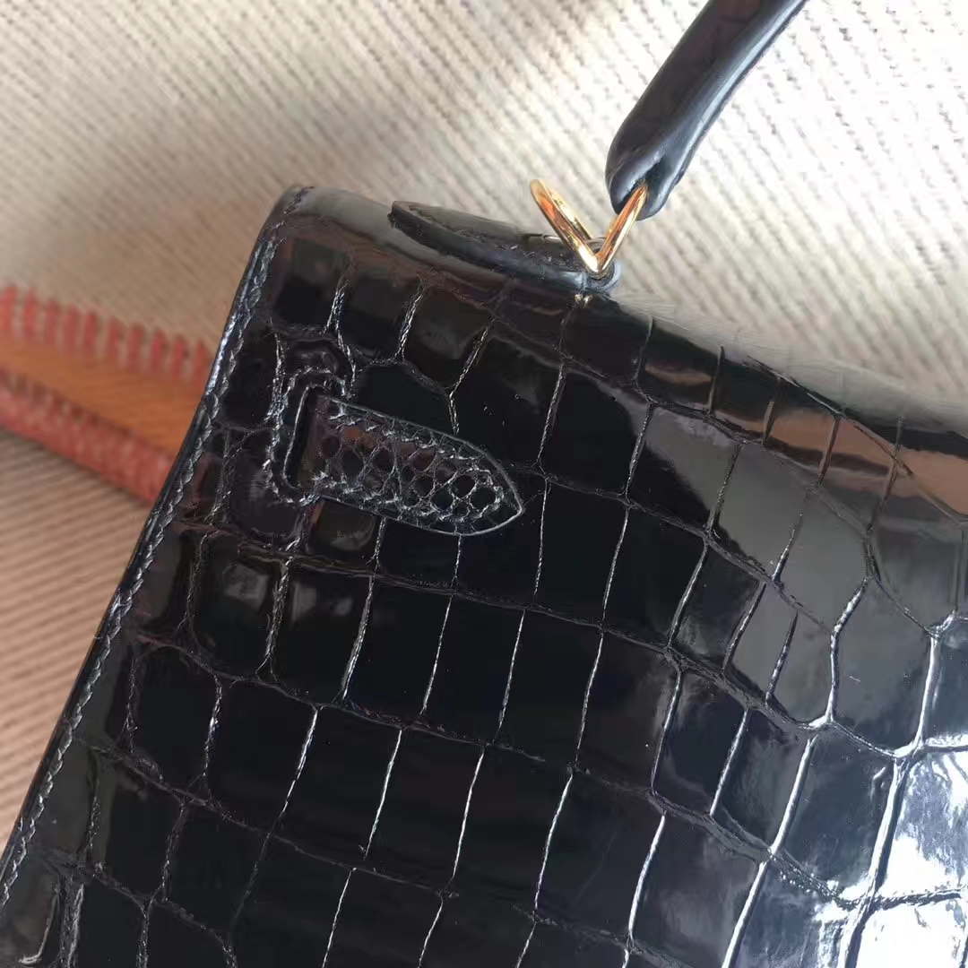 Sale Hermes CK89 Black Shiny Crocodile Leather Kelly25CM Bag Gold Hardware