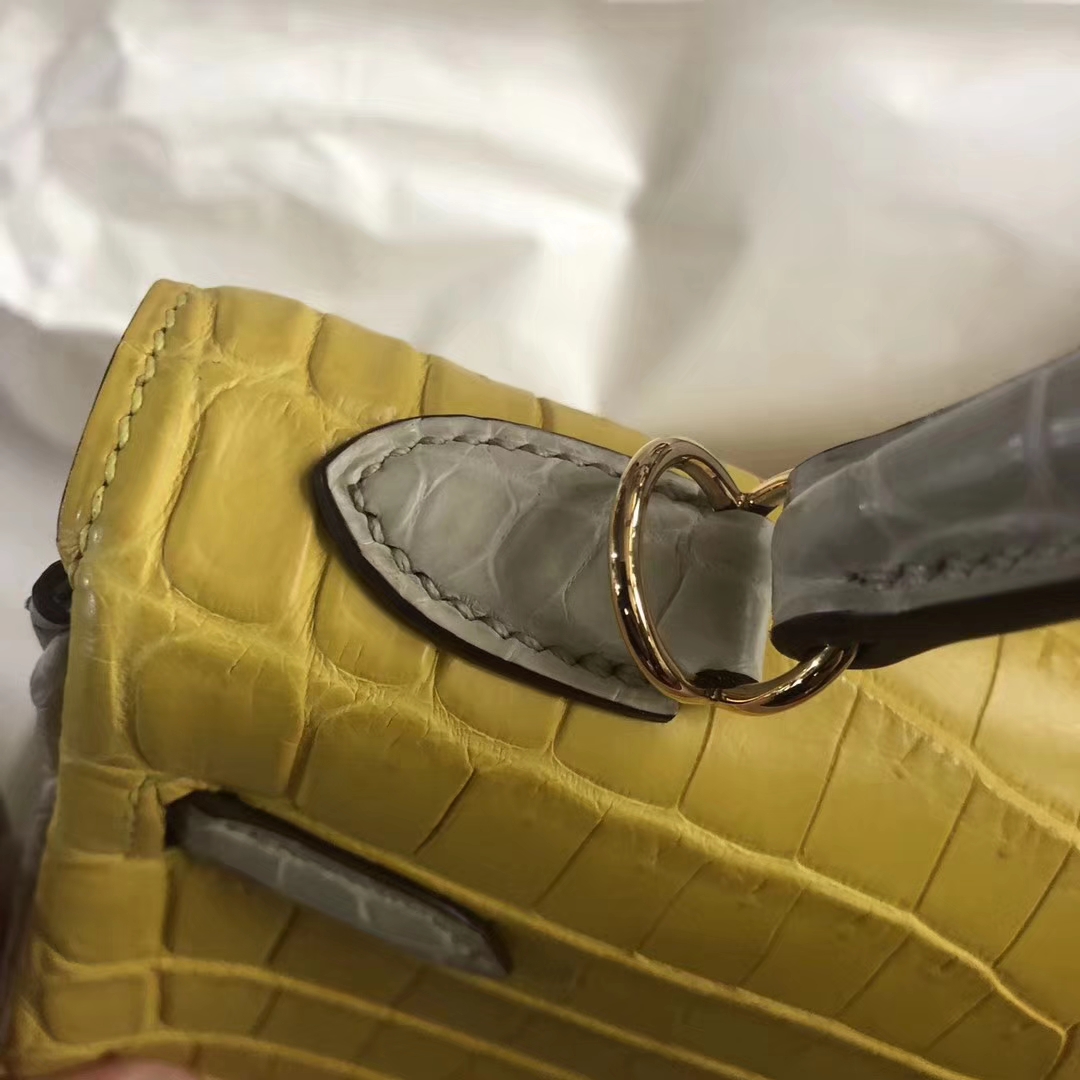 New Arrival Hermes Yellow & Beton Crocodile Matt Leather Kelly Bag25CM