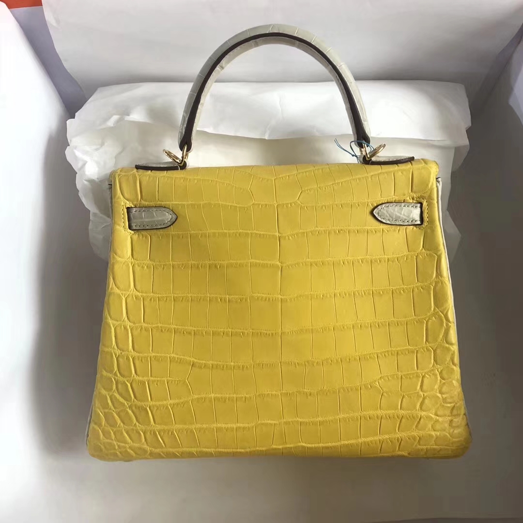 New Arrival Hermes Yellow & Beton Crocodile Matt Leather Kelly Bag25CM