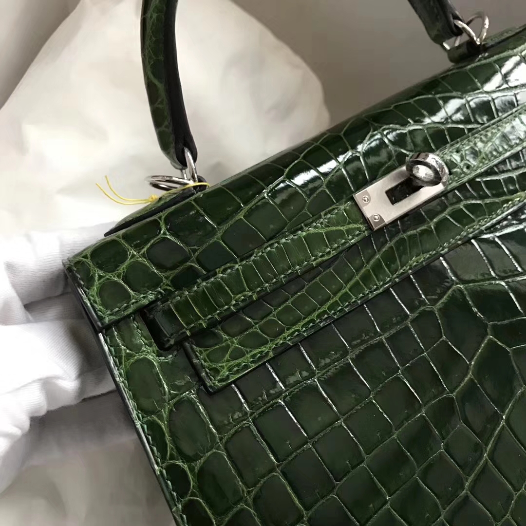 Discount Hermes CK67 Vert Fonce Shiny Crocodile Kelly25CM Bag Silver Hardware