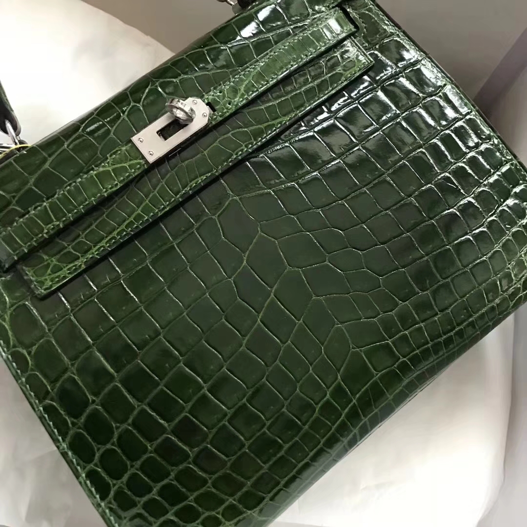 Discount Hermes CK67 Vert Fonce Shiny Crocodile Kelly25CM Bag Silver Hardware