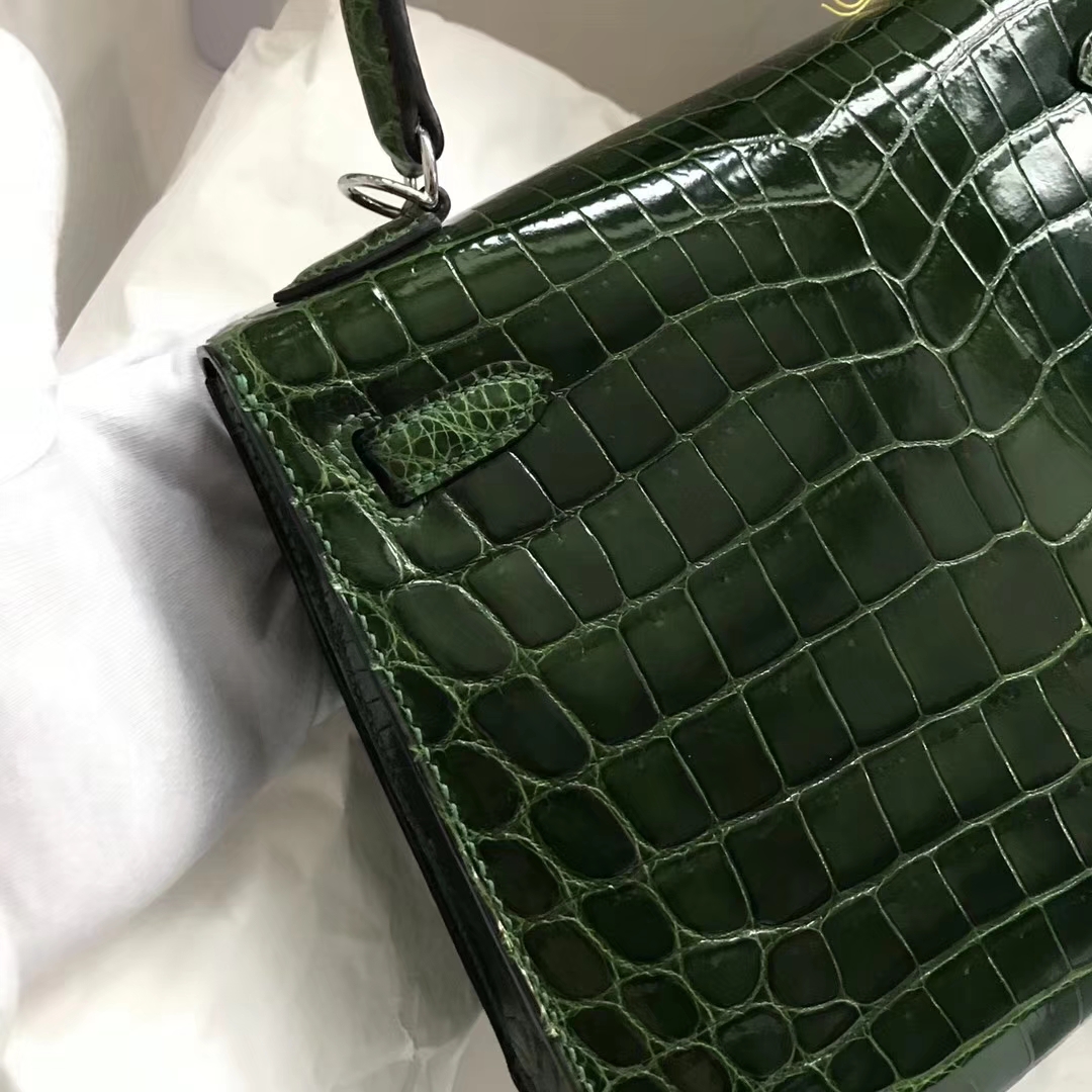 Discount Hermes CK67 Vert Fonce Shiny Crocodile Kelly25CM Bag Silver Hardware
