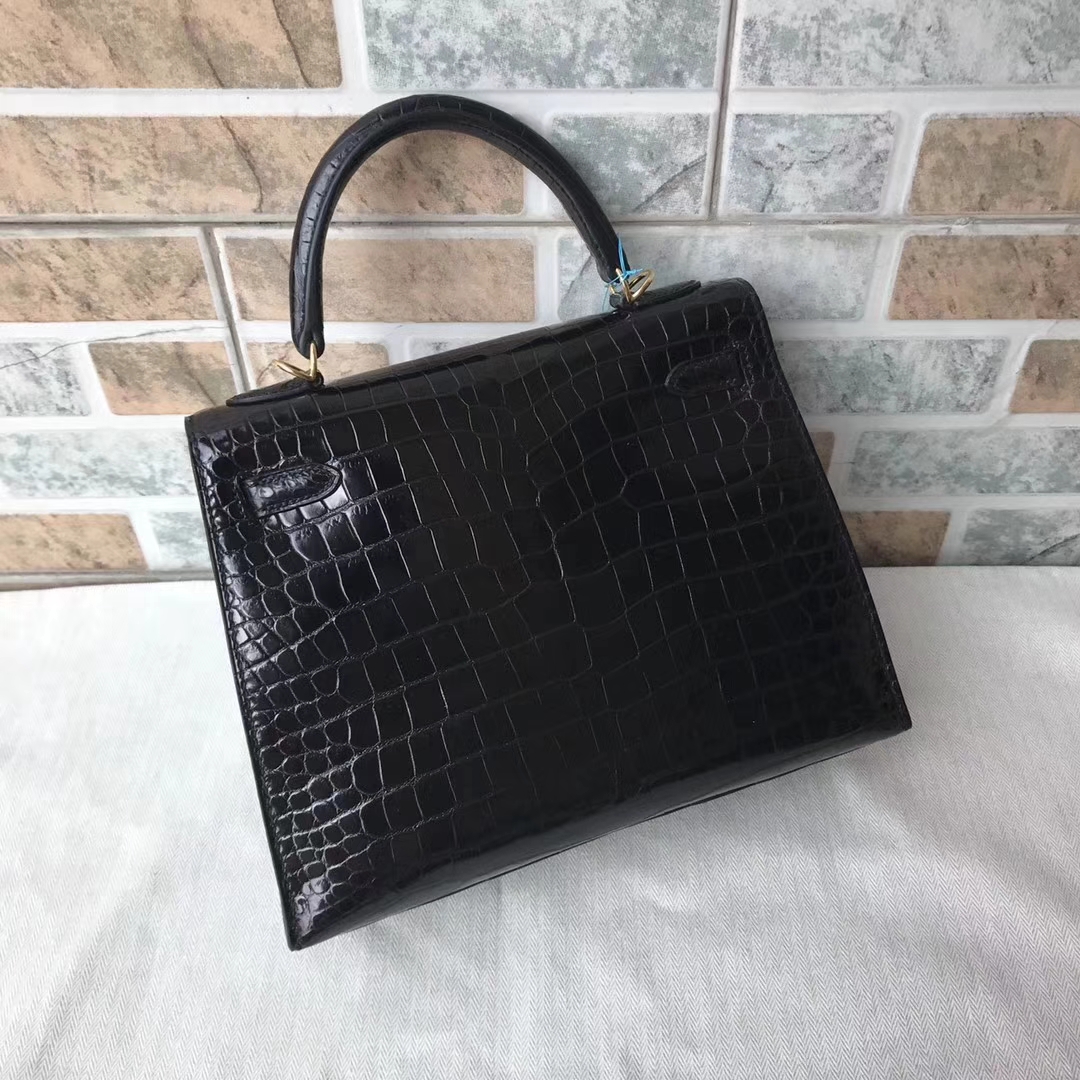 Noble Hermes Shiny Crocodile Sellier Kelly Bag25CM in CK89 Black Gold Hardware