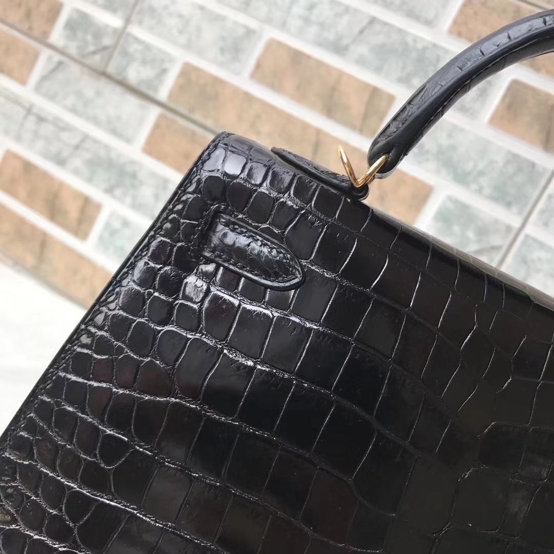 Noble Hermes Shiny Crocodile Sellier Kelly Bag25CM in CK89 Black Gold Hardware