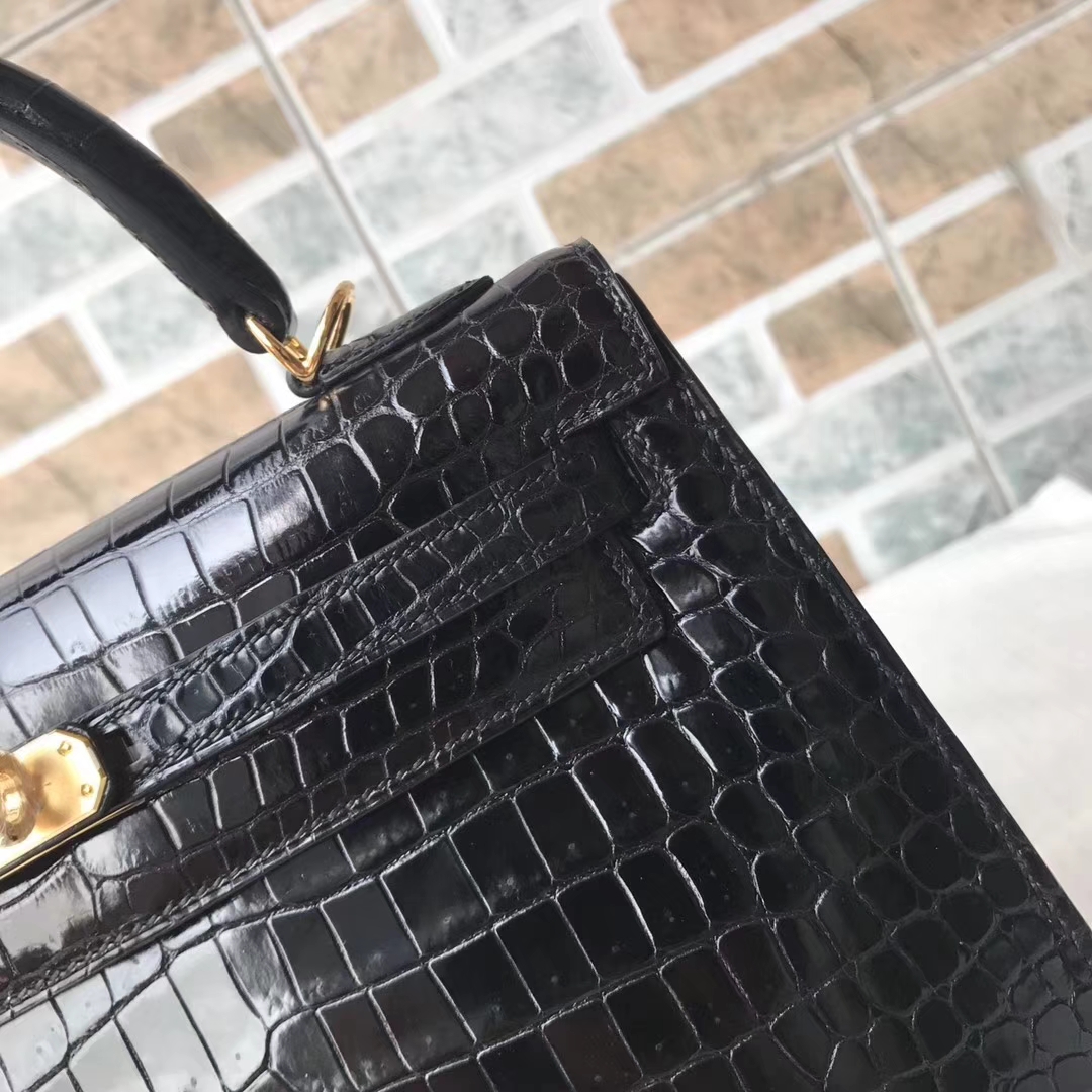 Noble Hermes Shiny Crocodile Sellier Kelly Bag25CM in CK89 Black Gold Hardware