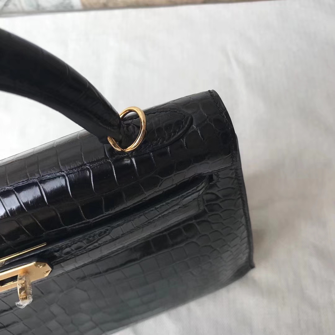 Noble Hermes Shiny Crocodile Sellier Kelly Bag25CM in CK89 Black Gold Hardware