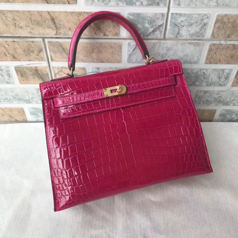 Hermes J5 Rose Scheherazade Shiny Crocodile Kelly Bag 25CM Gold Hardware