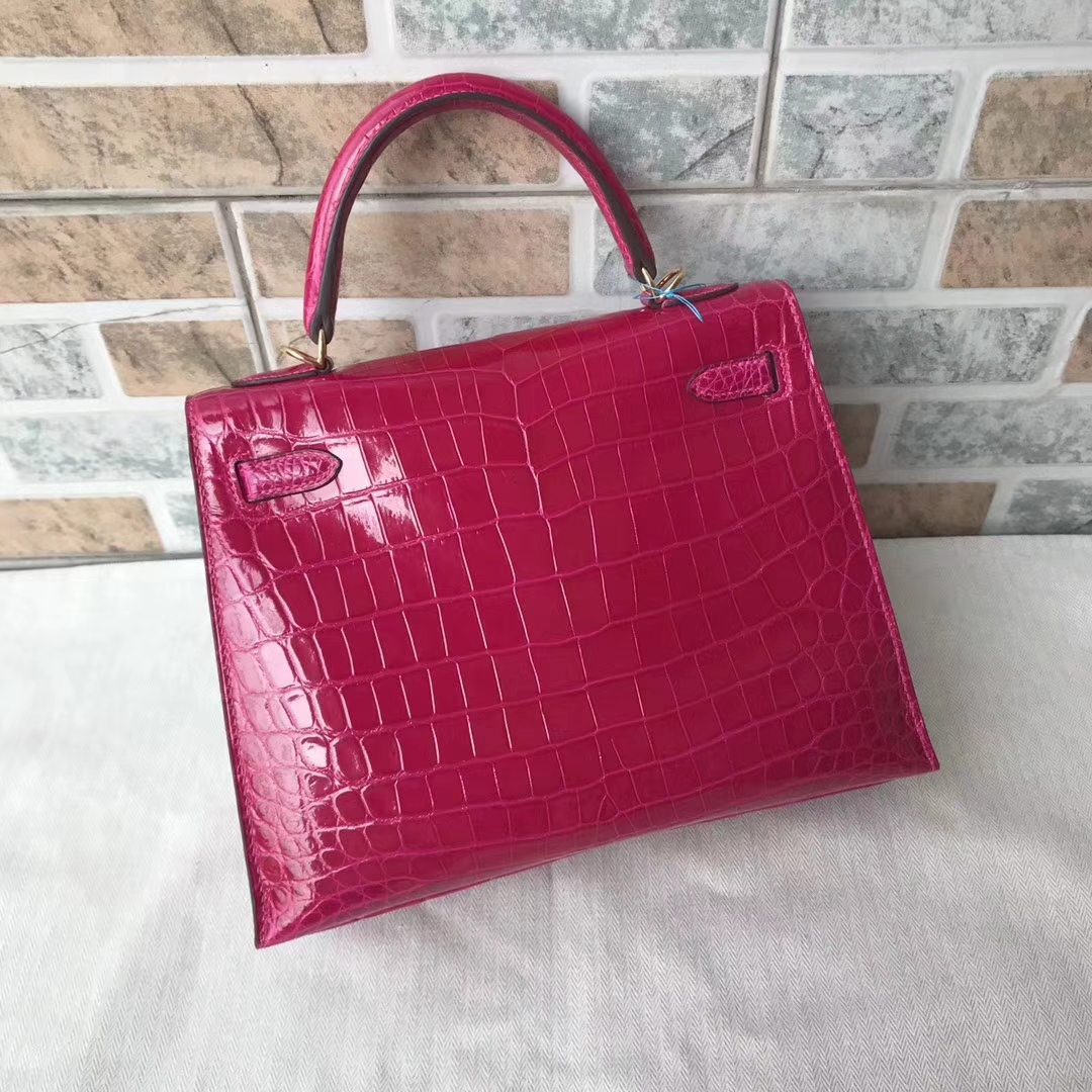 Wholesale Hermes J5 Rose Scheherazade Shiny Crocodile Kelly Bag25CM Gold Hardware