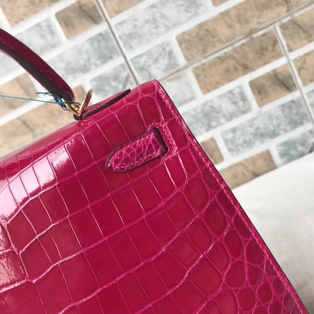 Wholesale Hermes J5 Rose Scheherazade Shiny Crocodile Kelly Bag25CM Gold Hardware