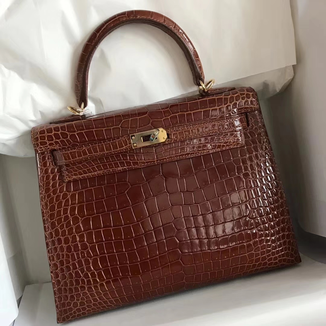 Noble Hermes CK31 Miel Porosus Shiny Crocodile Kelly25CM Bag Gold Hardware