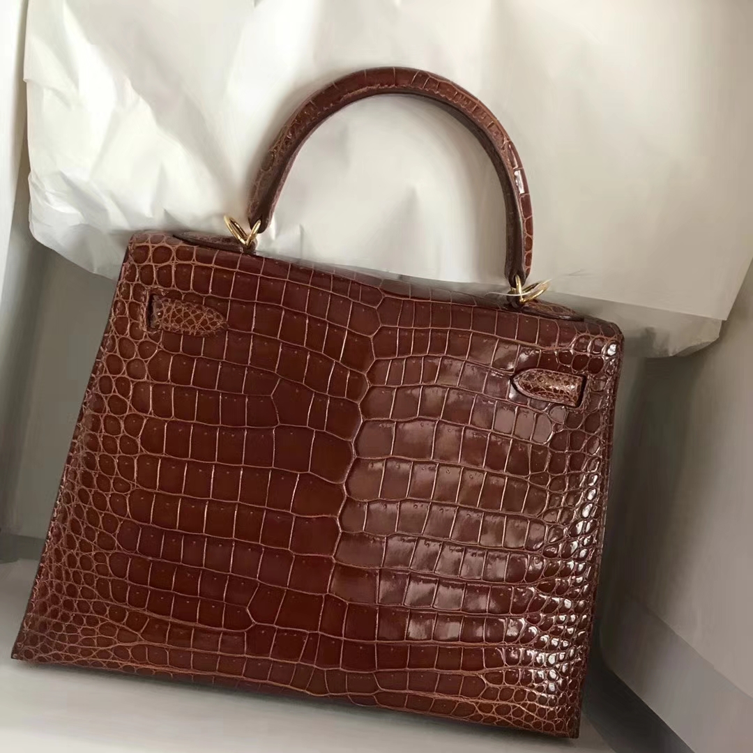 Noble Hermes CK31 Miel Porosus Shiny Crocodile Kelly25CM Bag Gold Hardware