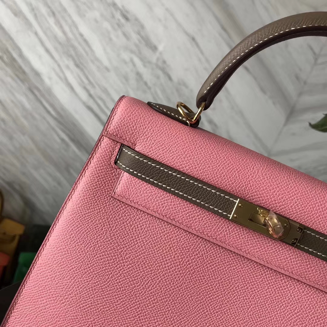 Hermes Epsom Calf Leather Kelly Bag25CM 1Q Rose Confetti/CK18 Etoupe Grey
