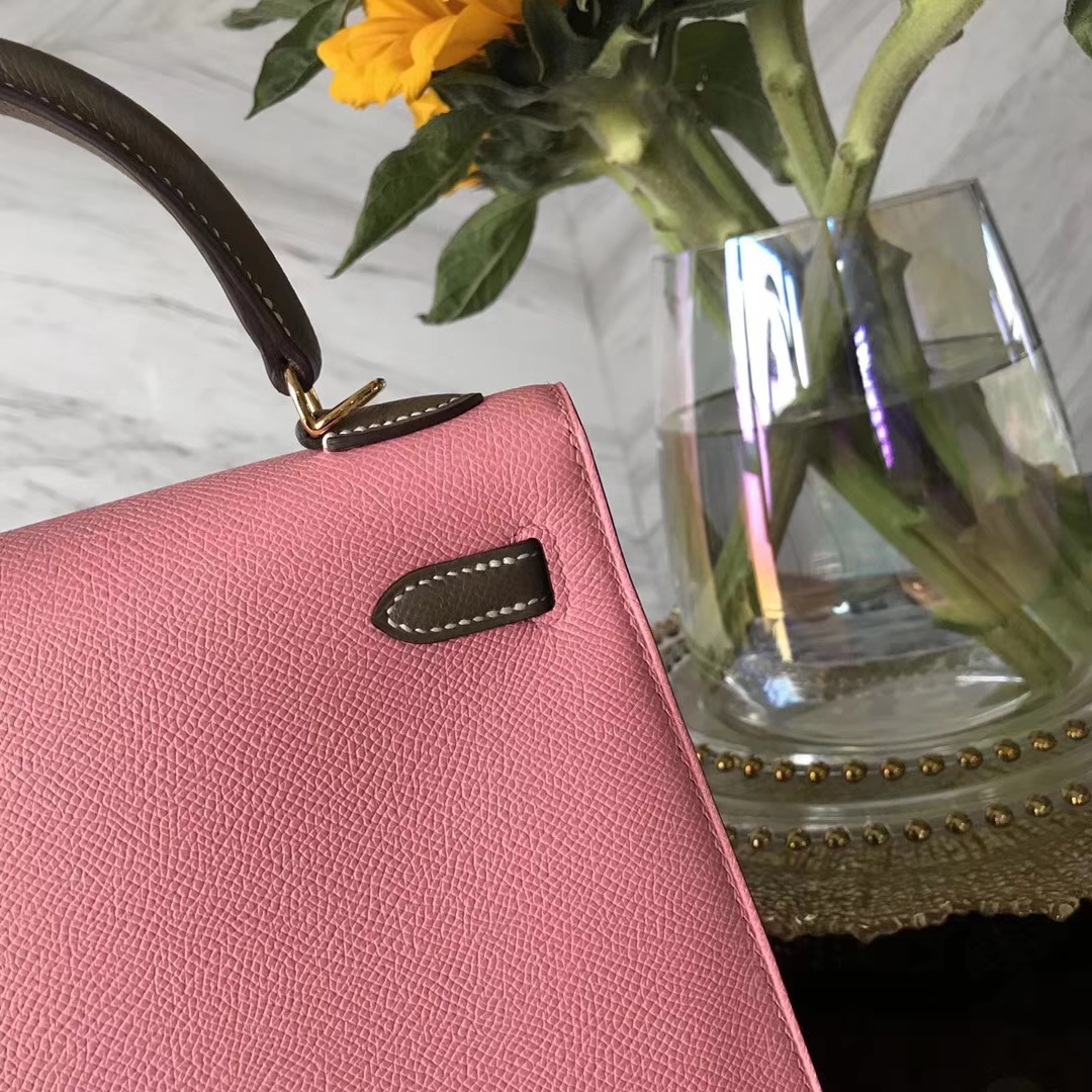 Hermes Epsom Calf Leather Kelly Bag25CM 1Q Rose Confetti/CK18 Etoupe Grey