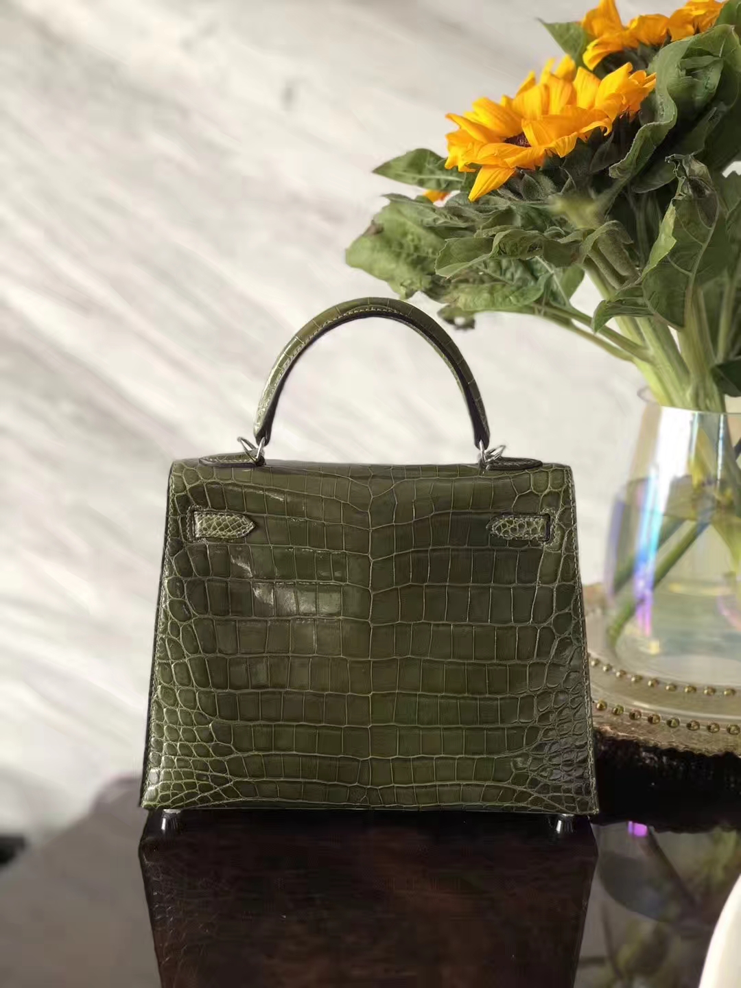 New Arrival Hermes 6H Olive Green Shiny Crocodile Leather Kelly25CM Bag