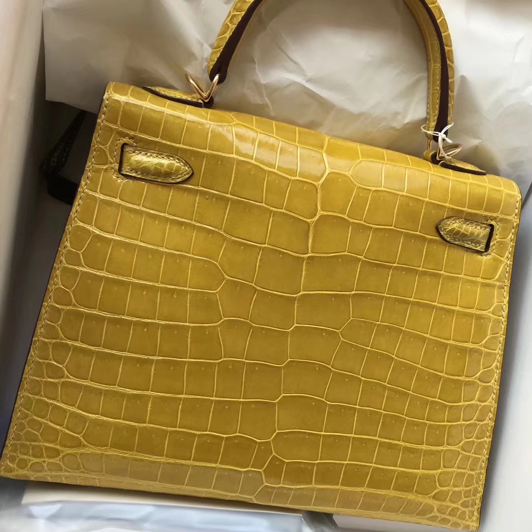 New Arrival Hermes 9D Ambre Yellow Shiny Crocodile Kelly25CM Bag Gold Hardware