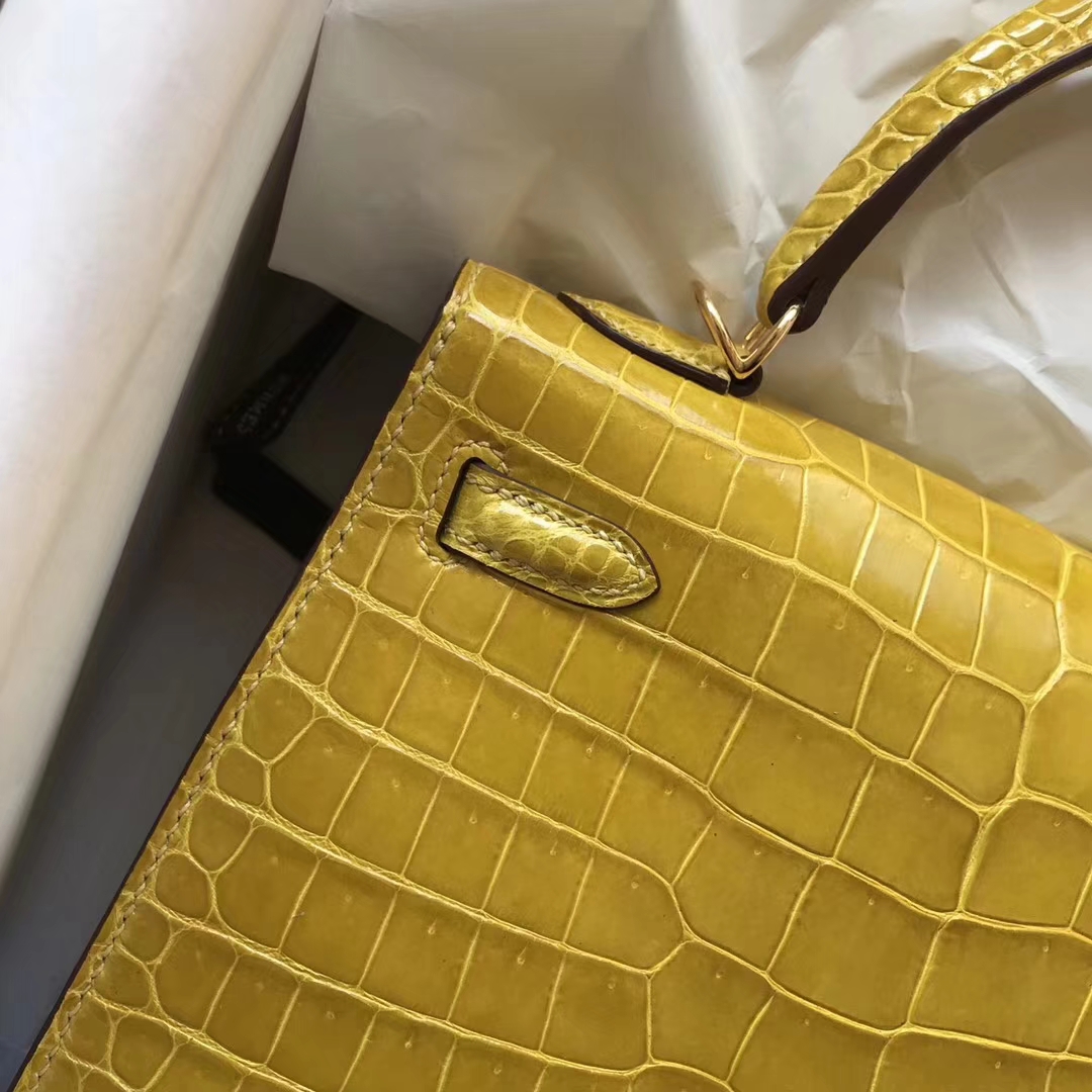 New Arrival Hermes 9D Ambre Yellow Shiny Crocodile Kelly25CM Bag Gold Hardware