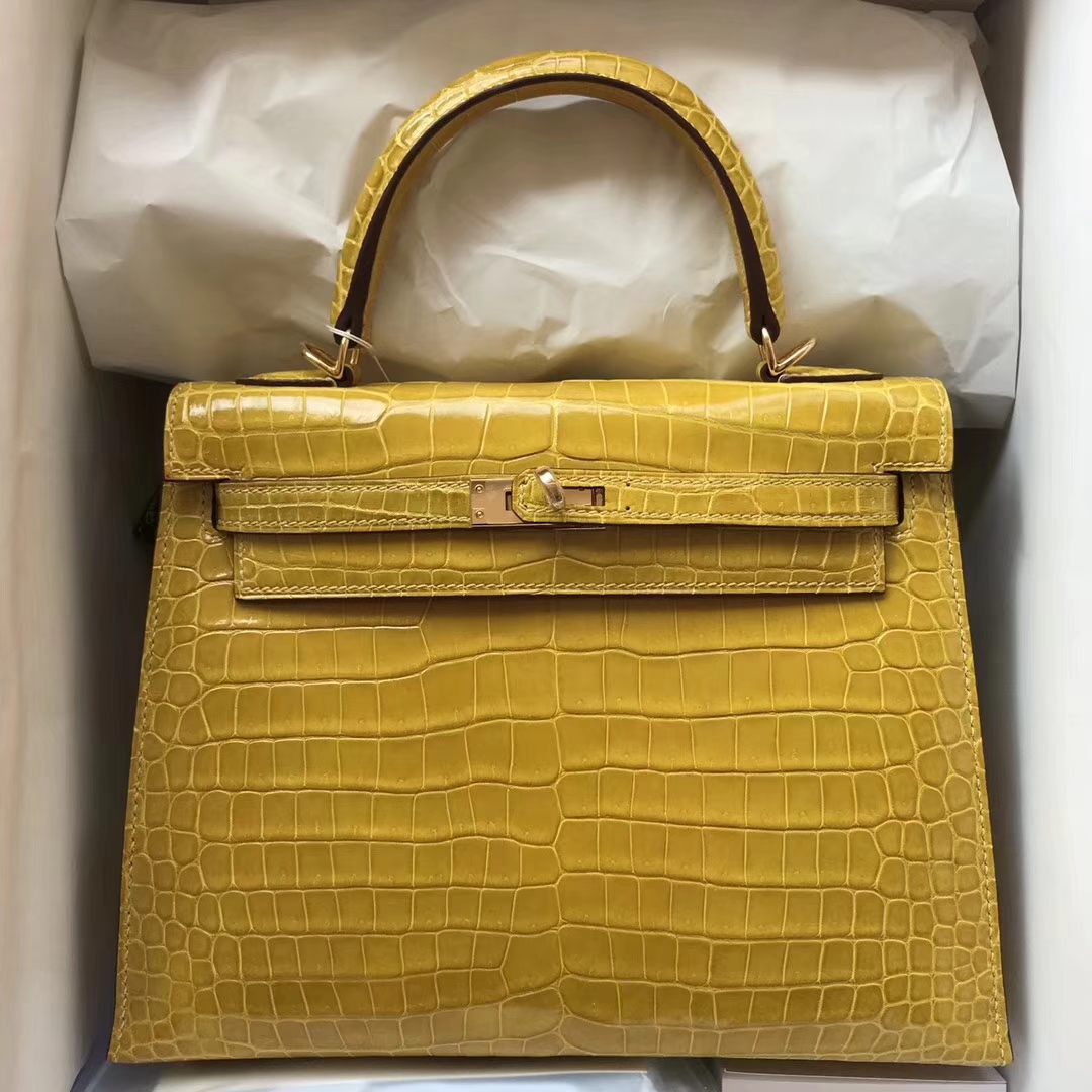 New Arrival Hermes 9D Ambre Yellow Shiny Crocodile Kelly25CM Bag Gold Hardware