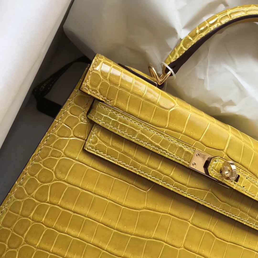 New Arrival Hermes 9D Ambre Yellow Shiny Crocodile Kelly25CM Bag Gold Hardware