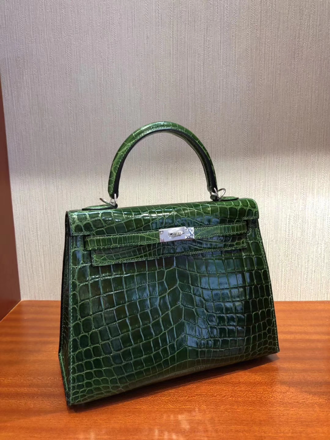 Luxury Hermes CK67 Vert Fonce Shiny Crocodile Leather Kelly Bag25CM