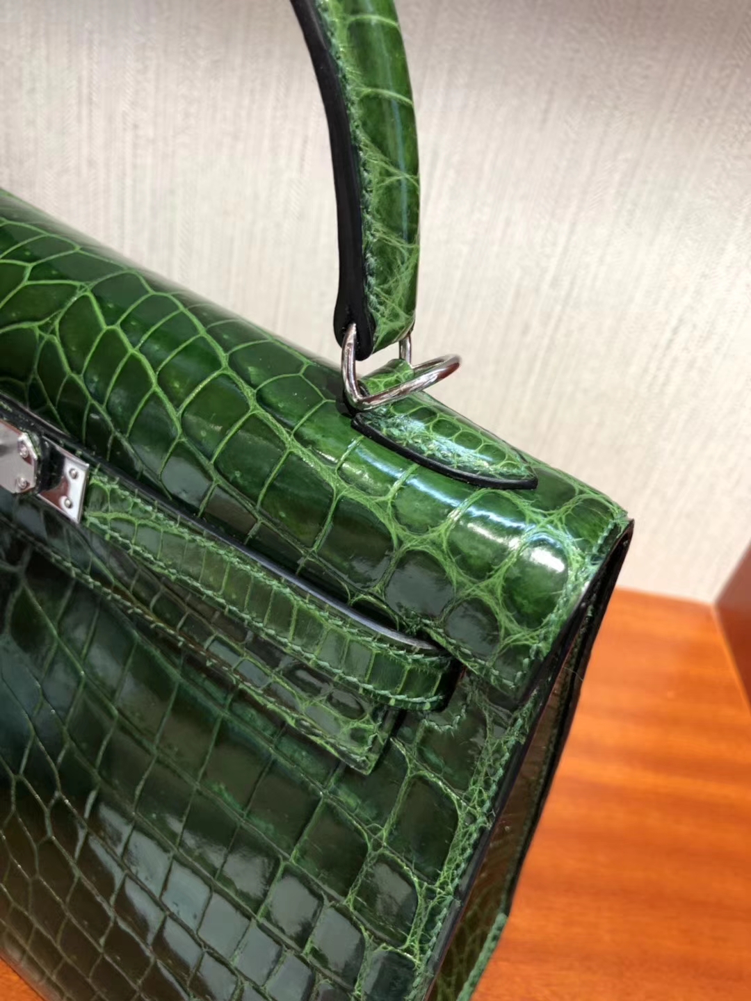 Luxury Hermes CK67 Vert Fonce Shiny Crocodile Leather Kelly Bag25CM