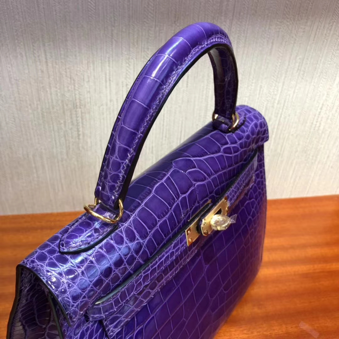 Fashion Hermes 9W Violet Shiny Crocodile Leather Kelly25CM Bag Gold Hardware