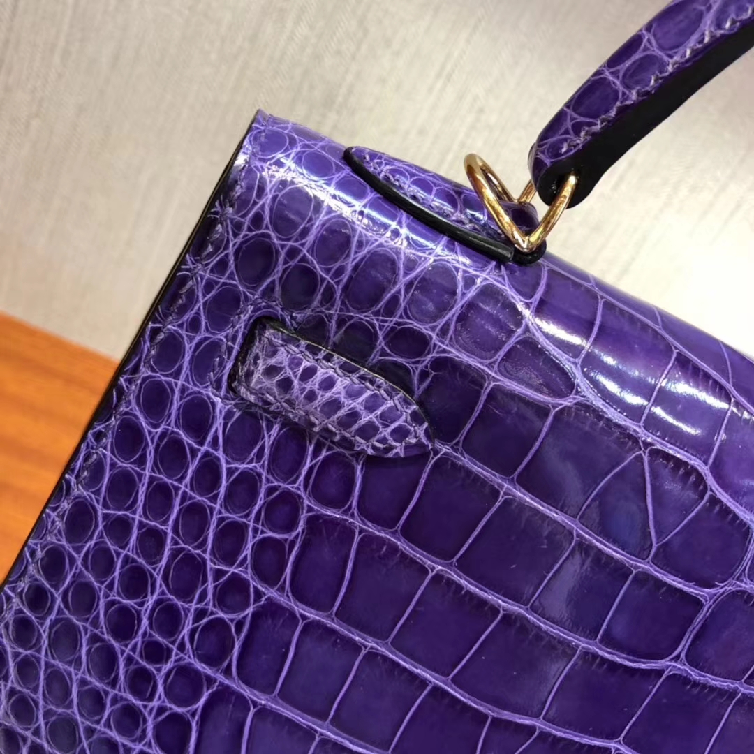 Fashion Hermes 9W Violet Shiny Crocodile Leather Kelly25CM Bag Gold Hardware